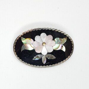 Floral Inlay Abalone Shell Brooch Pendant Black Multi Oval Alpaca Silver Mexico